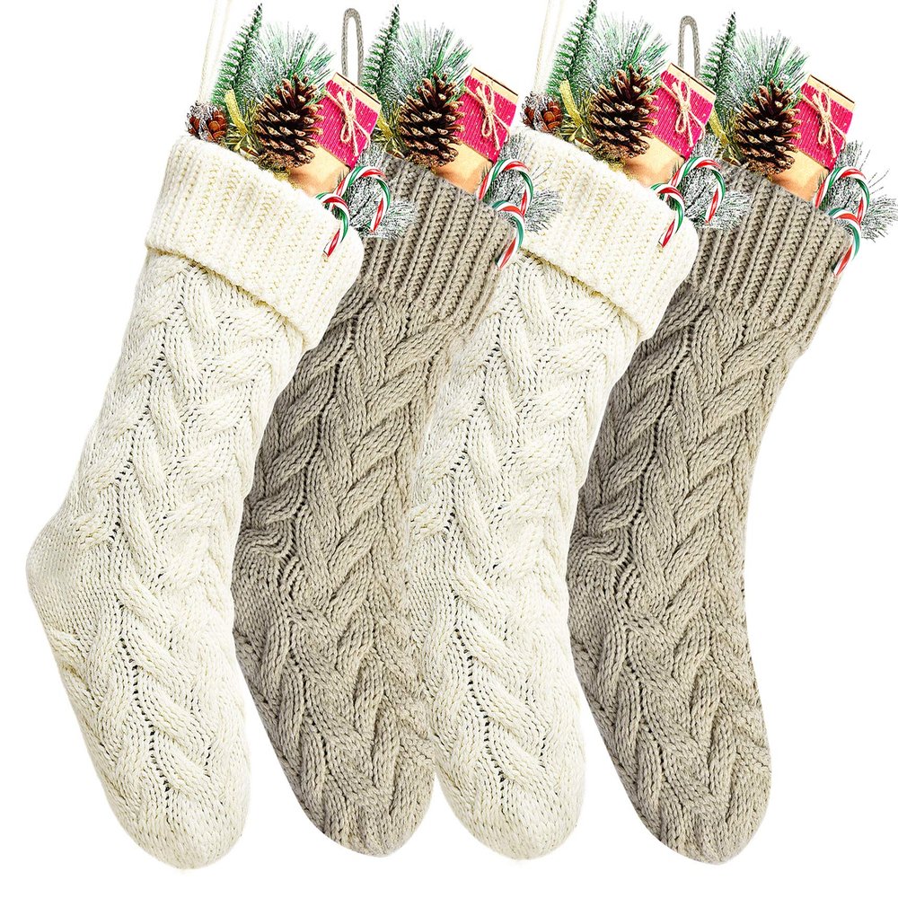 Christmas Stockings, 20 Inch Ivory and Khaki Cable Knit Stockings Christmas Holiday Decoration, 4 Pack