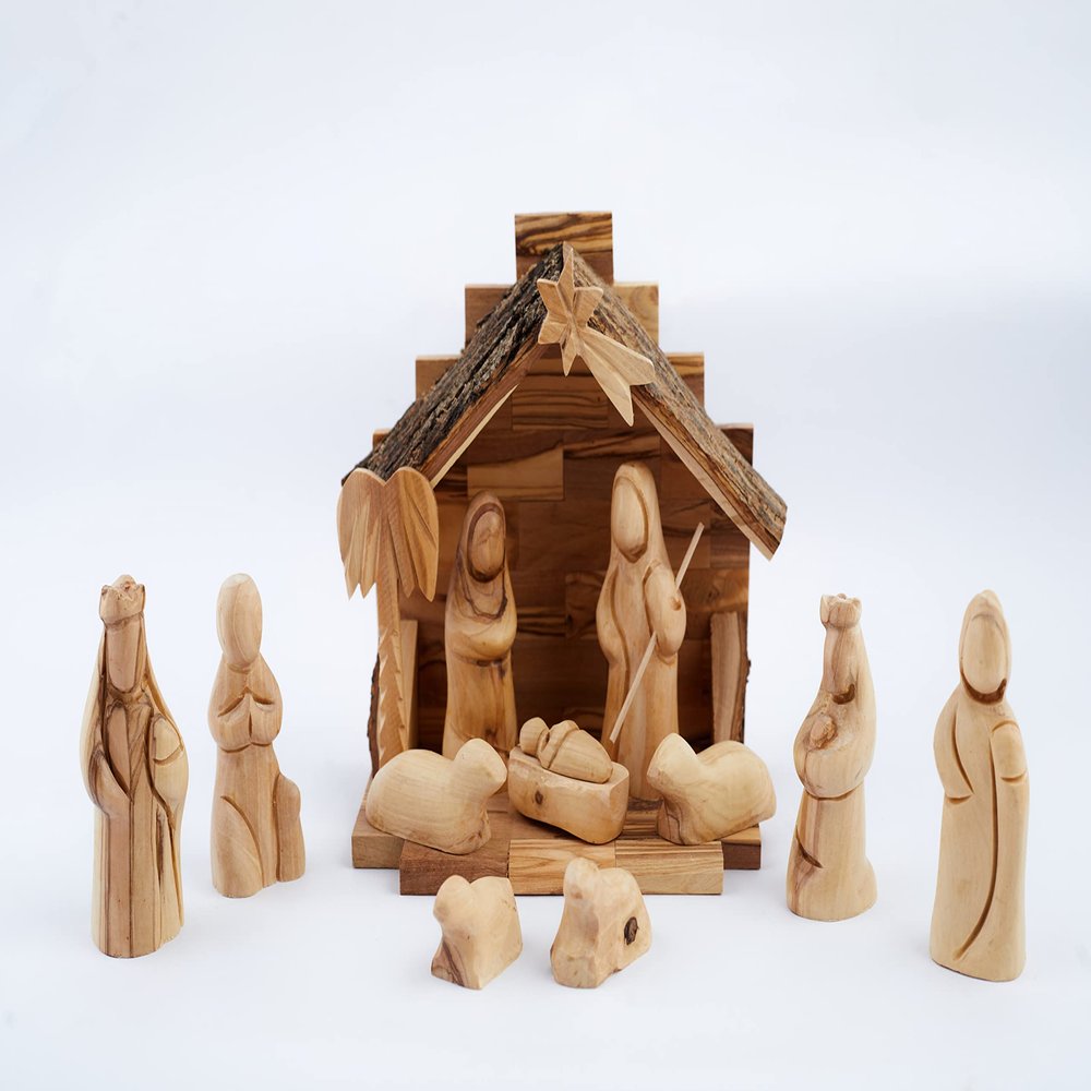 Handcrafted Olive Wood Nativity Scene/Nativity Set (6.2" Height Crche - 3.5" Abstract Figurines), Wood Carved Nativity Scene by Talented Artists in Bethlehem  by Olive Wood Gifts Shop