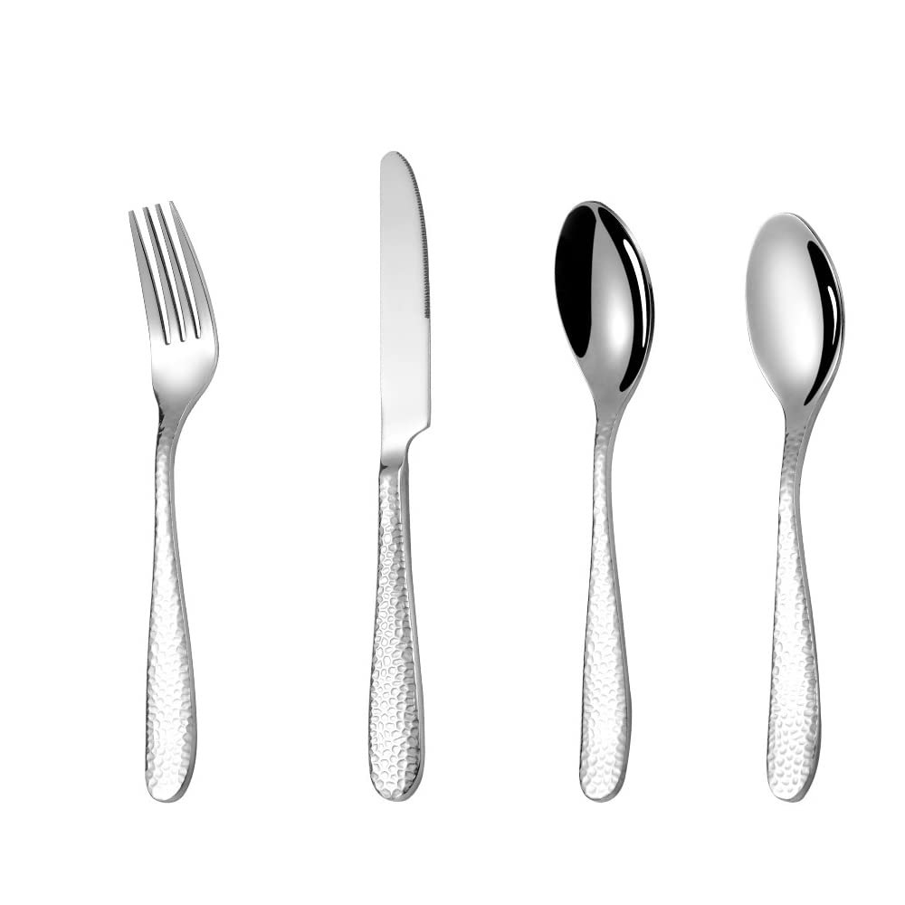 16 Piece Hammered Silverware Set for 4 18/10 Stainless Steel Flatware Kitchen Cutlery Utensil Include Knife Fork Spoon Teaspoon