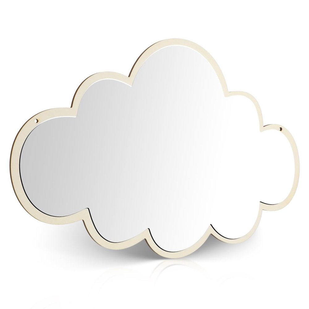 Beavorty Kids Mirror Cloud Shape Wooden Wall Mirror with Self Adhesive Tape Shatterproof Design Safe for Nursery Bedroom Decoration 14.96X9.84In