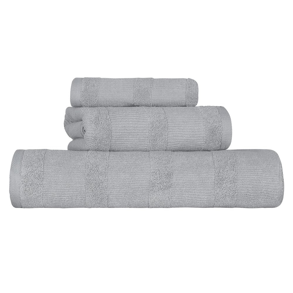 Superior Roma Cotton 3 Piece Assorted Towel Set, Highly Absorbent, Ribbed, Quick-Dry, Shower, Spa Basics, Home Essentials, Solid, Includes; 1 Bath Towel, 1 Hand Towel, 1 Face Towel, Silver