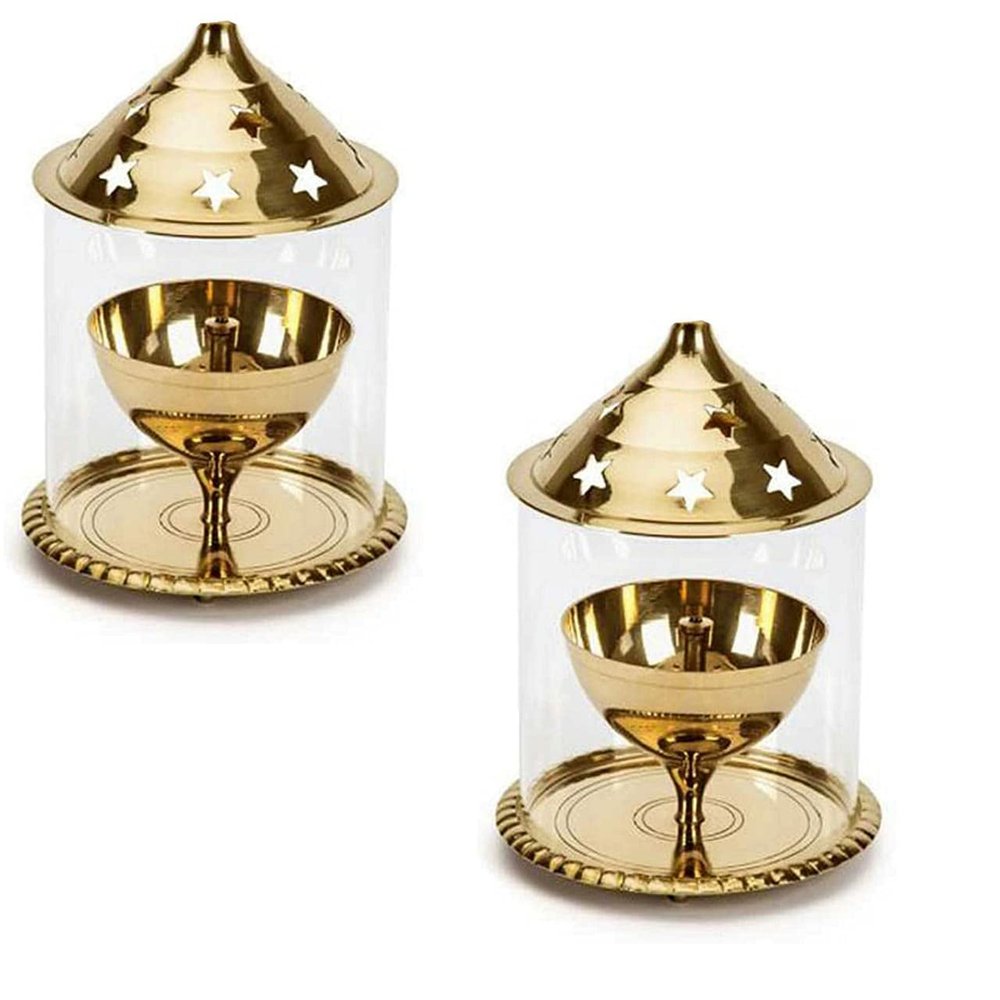 Brass Akhand Diya with Glass Cover for Pooja/Puja | Home | Decoration | Mandir (Golden, 5 inch) by Indian Collectible