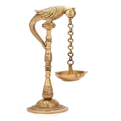 Brass Diya Oil Lamp Parrot Design Hanging Diya Golden Finish by Indian Collectible
