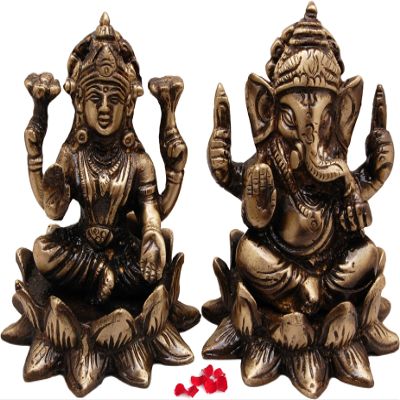 Brass Laxmi Ganesh Idol Pair, Standard, Weight - 700 Grams Antique Brown, 2 Piece by Indian Collectible