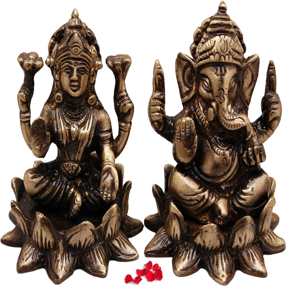 Brass Laxmi Ganesh Idol Pair, Standard, Weight - 700 Grams Antique Brown, 2 Piece by Indian Collectible