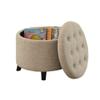 Attractive Round Stylish Button Tufted Top Ottoman Storage with Removable Lid | Size: 19.75"L x 19.75"W x 17.00"H Durable Seating Footrest & Coffee Table | Modern Glam Easy to Clean Tan Brown Color view 3