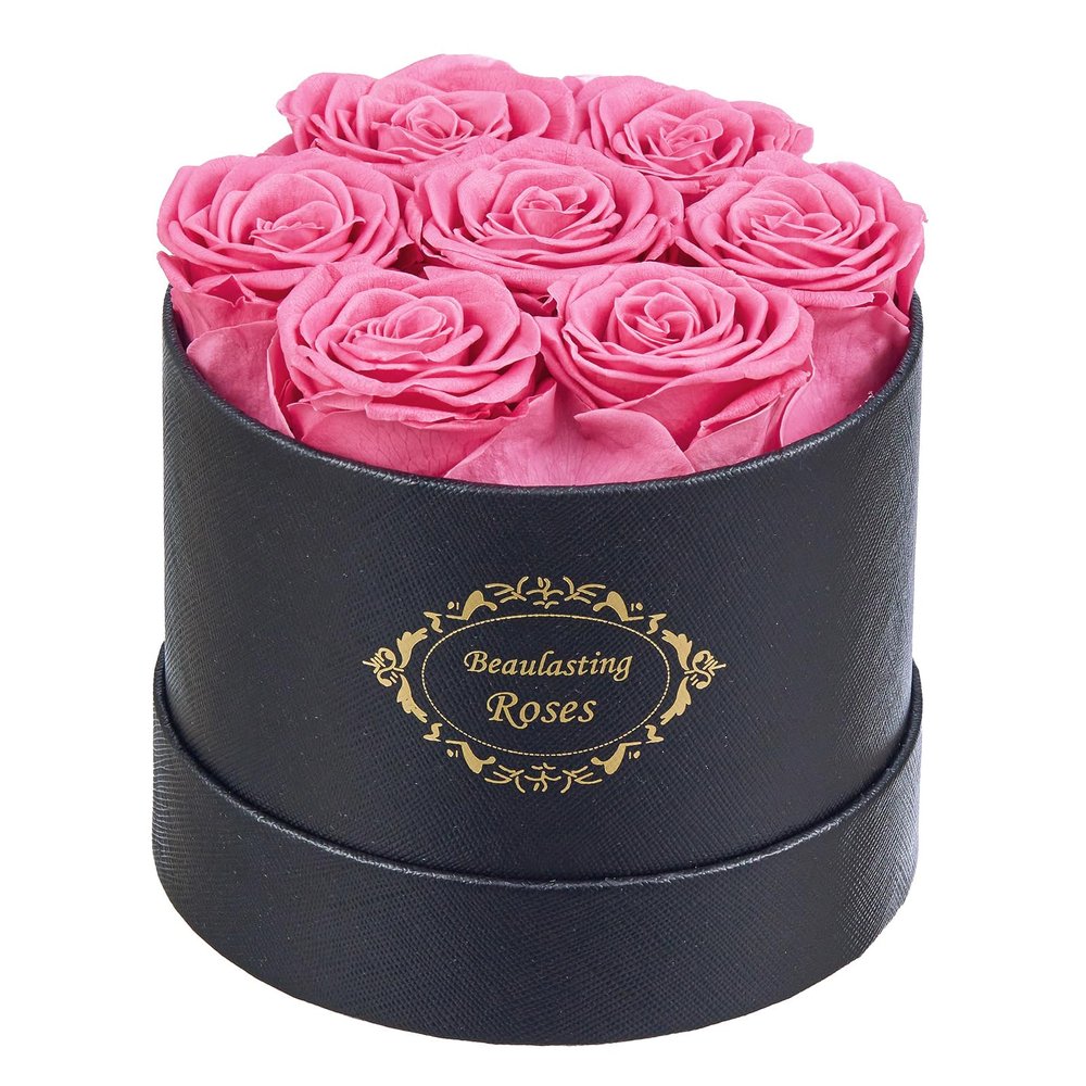 Beaulasting Long Lasting Preserved Roses in a Box Last a Year Forever Flowers for Her Mom Wife Anniversary Birthday (Round Black Box, Pink)