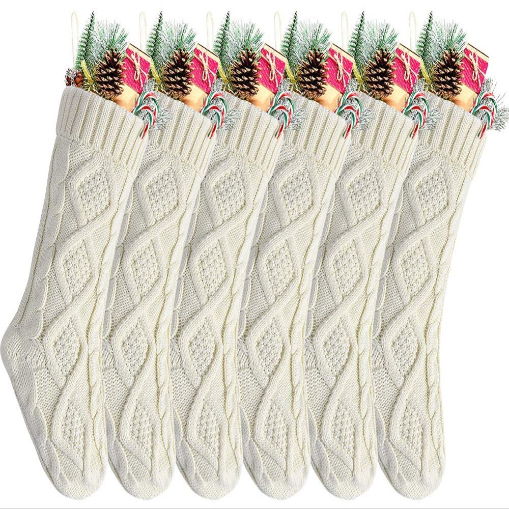 Kunyida Christmas Stockings Bulk 20 Inch Ivory Knit Xmas Stockings for Family Christmas Decoration, 6 Pack
