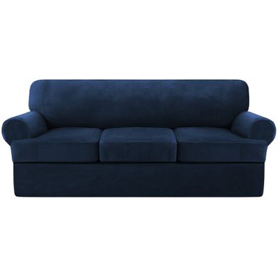 NA Velvet T Cushion Sofa Slipcover 4 Pieces Sofa Covers for T Cushion Sofa Soft Couch Cover Sofa Slip Covers Furniture Protector with 3 Individual T Cushion Shape Seat (Navy, Sofa)