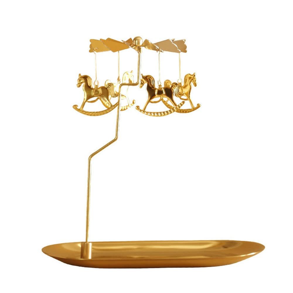 Spinning Candle Holder with Tray,Golden Candle Spinner,Rotating Metal Tea Light Candle Holder for Valentine's Day Xmas Party Decor or Gift(Carousel)