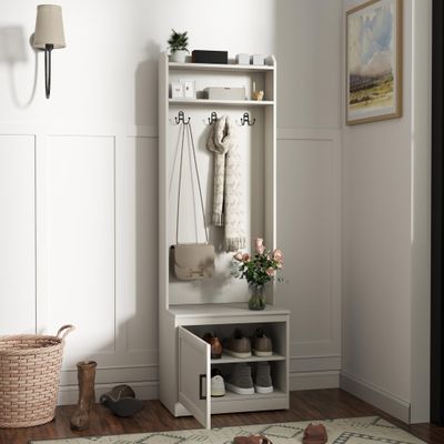 HOMCOM Narrow Hall Tree with Shoe Storage Bench, Rustic Entryway Bench with Coat Rack, Accent Coat Tree with Storage Shelves for Hallway, Mudroom, White Wood Grain