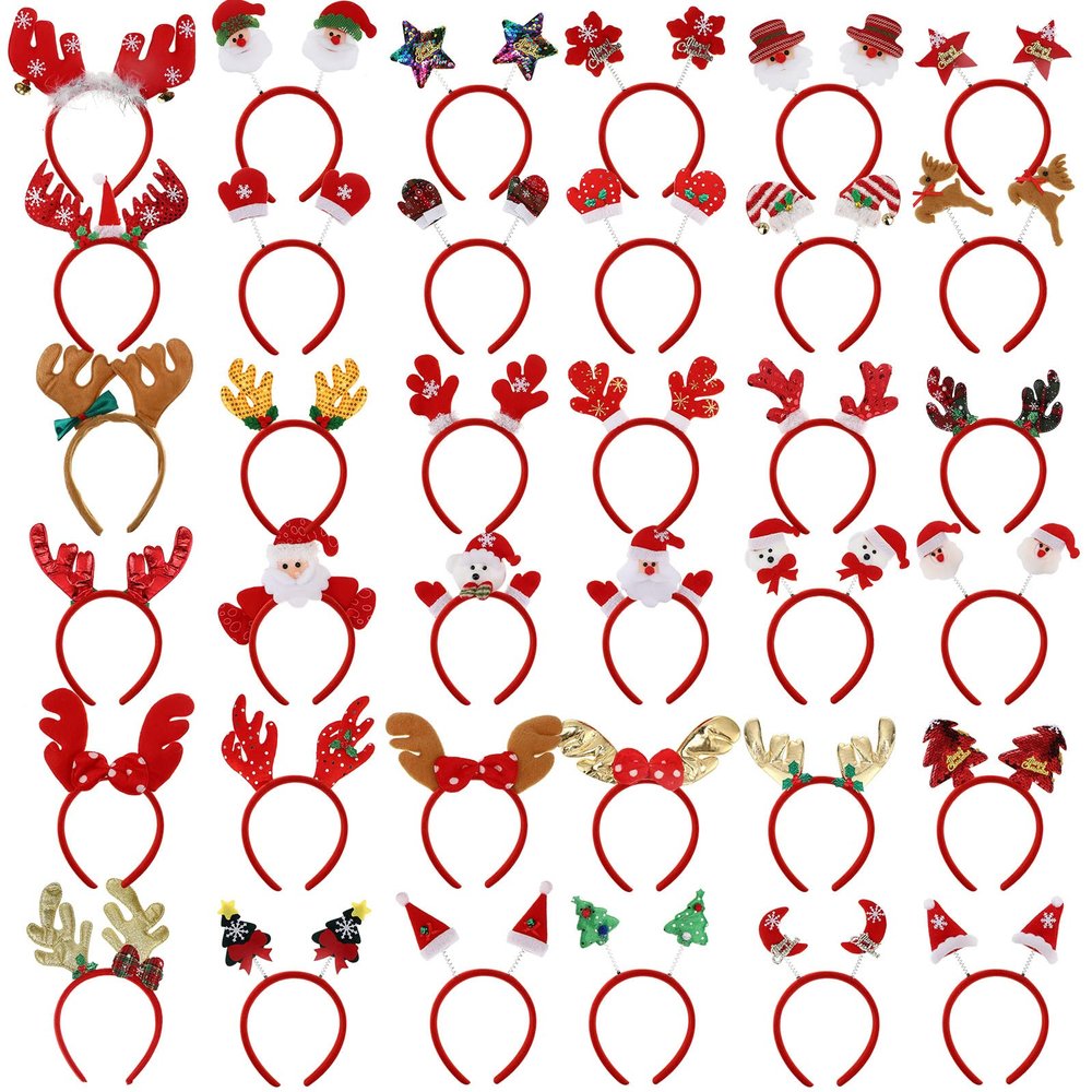 Zhehao 36 Pcs Christmas Headbands Bulk Santa Reindeer Antlers Snowman Santa Hat Headbands for Adults and Cute Xmas Holiday Costume Headwear Accessories Christmas Party Favors
