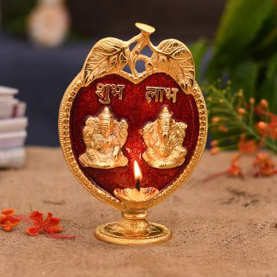 Laxmi Ganesha Diya Idol Statue- Brass Gold Finish Diya Oil Lamp Hindu Ganesh Lakshmi Showpiece Shubh Labh Home Office Decor Puja Pujan Diwali Decoration by Indian Collectible