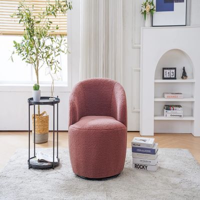 360 Degree Swivel Chair Teddy Fabric Modern Bucket Chair with Black Powder Coated Metal Ring for Living Room, Bedroom (Red)