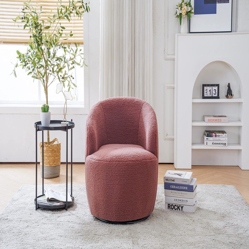 360 Degree Swivel Chair Teddy Fabric Modern Bucket Chair with Black Powder Coated Metal Ring for Living Room, Bedroom (Red)