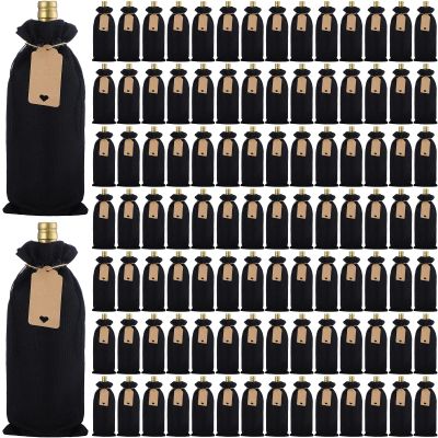 Nuogo 100 Pcs Black Burlap Wine Bag with Drawstring Bulk, Reusable Jute Wine Bottle Gift Bags with Tags and Ropes for Wedding Birthday Holiday Retirement Tasting Party Gift