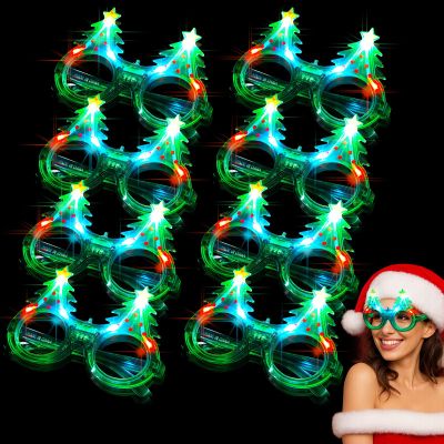 Funtery 8 Pack Christmas Light up Glass Christmas Tree LED Sunglass Bulk Glow in Dark Glass Plastic Glitter Neon Santa Gift