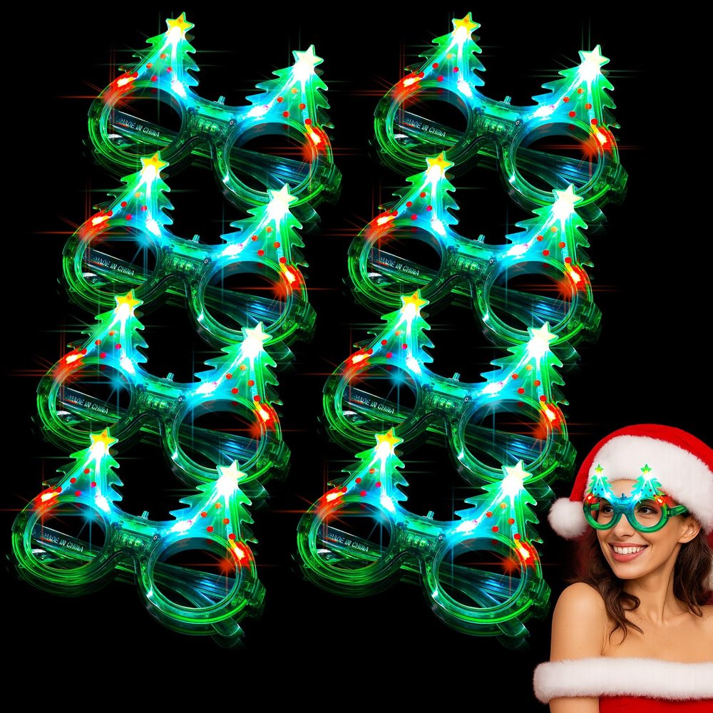 Funtery 8 Pack Christmas Light up Glass Christmas Tree LED Sunglass Bulk Glow in Dark Glass Plastic Glitter Neon Santa Gift