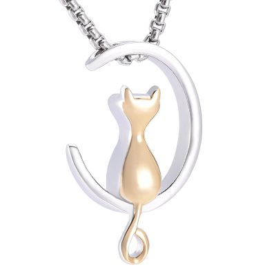 SHEIL CAT ON Moon Cremation Pendant&Necklace for Hold Ashes - Stainelss Steel Pet Ash Memorial Jewelry Funeral Casket,2