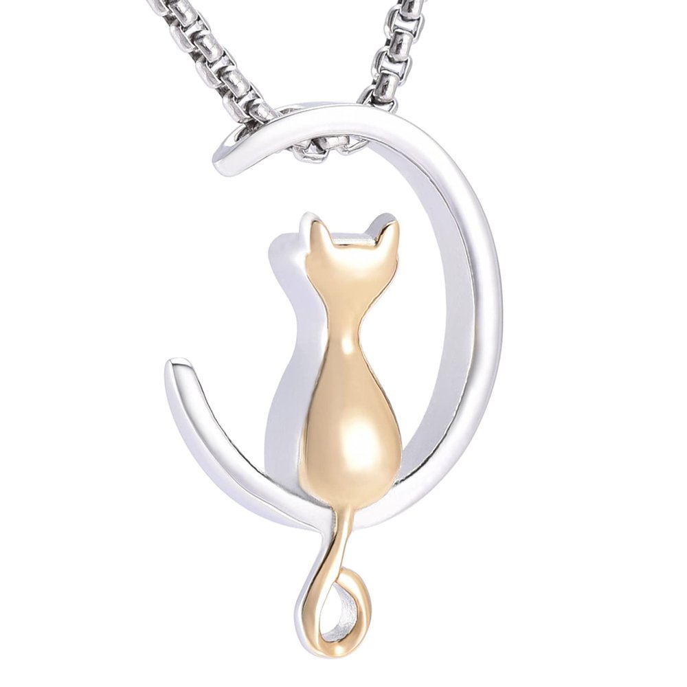 SHEIL CAT ON Moon Cremation Pendant&Necklace for Hold Ashes - Stainelss Steel Pet Ash Memorial Jewelry Funeral Casket,2