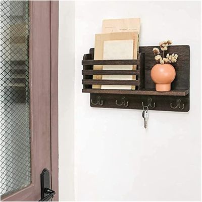 YQBUER Key Holder for Wall Wall Mounted Mail Holder Wooden Mail Sorter Organizer with 4 Double Key Hooks and A Floating Shelf Rustic Home Decor