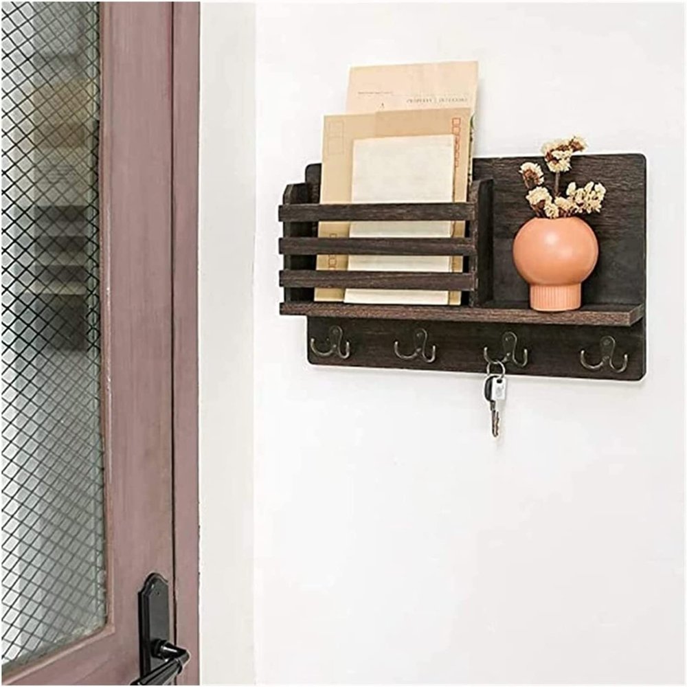 YQBUER Key Holder for Wall Wall Mounted Mail Holder Wooden Mail Sorter Organizer with 4 Double Key Hooks and A Floating Shelf Rustic Home Decor