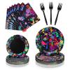 Baderke 192 Pcs Neon Glow Party Supplies Tableware Set, Including Napkins, Forks, Plates, Neon Birthday Party Decorations, Serves 48 Guests view 1