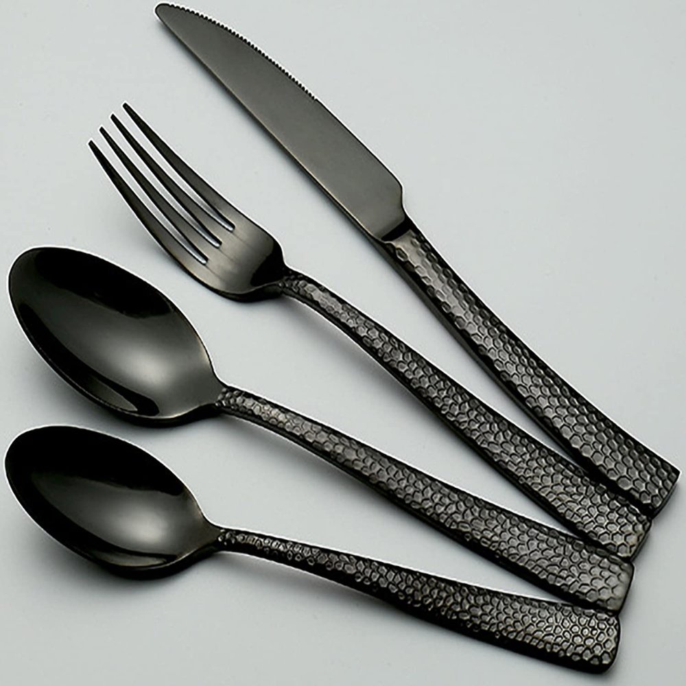 Hammered Silverware Set 16 Piece Black Flatware Set for 4 18/10 Stainless Steel Kitchen Cutlery Utensil Include Knife Fork Spoon Teaspoon