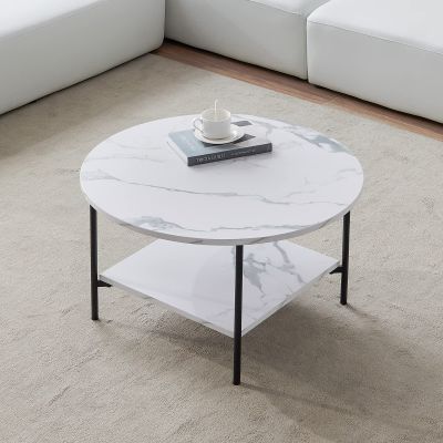 31.5 inch Round Coffee Table, Faux Marble End Table Sofa Center Table with Open Storage Shelf Mid Century Small Accent Coffee Table with Metal Frame, for Living Room, Bedroom, Office
