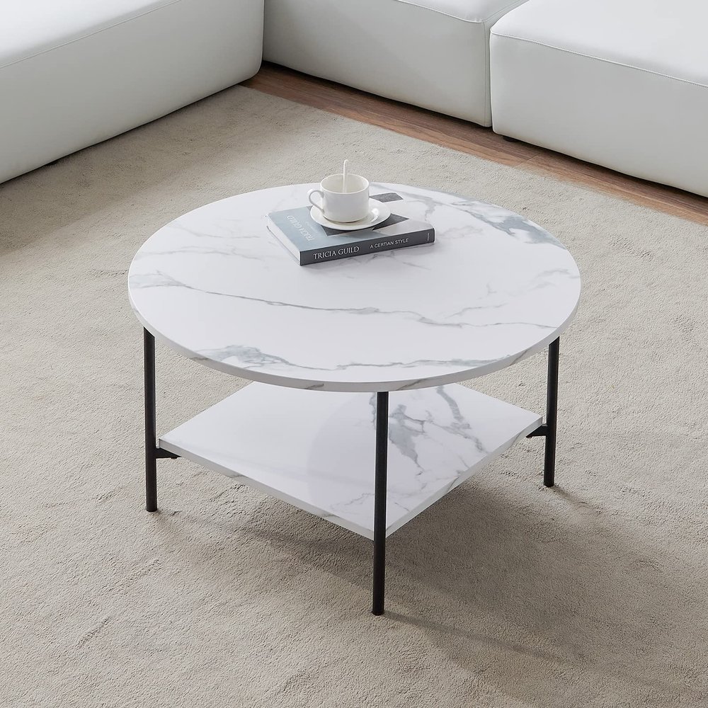 31.5 inch Round Coffee Table, Faux Marble End Table Sofa Center Table with Open Storage Shelf Mid Century Small Accent Coffee Table with Metal Frame, for Living Room, Bedroom, Office
