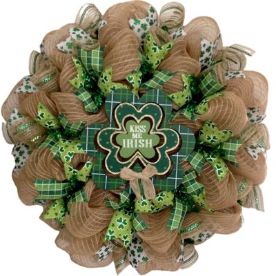 Luxury Handmade Happy St. Patricks Day Deco Mesh Wreath Kiss Me Irish Cut Out Shamrocks Front Door Decor, 24" or 28"