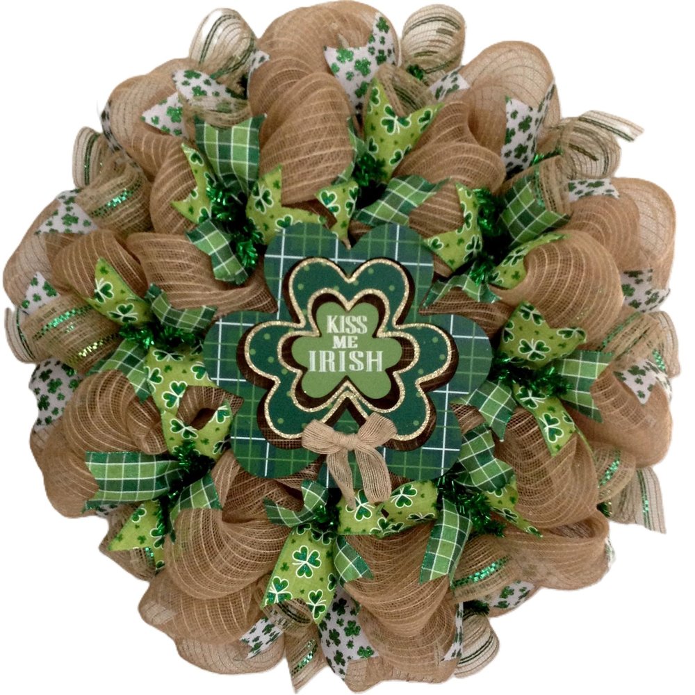 Luxury Handmade Happy St. Patricks Day Deco Mesh Wreath Kiss Me Irish Cut Out Shamrocks Front Door Decor, 24" or 28"