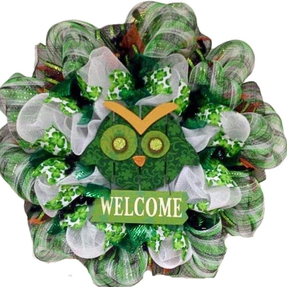 Luxury Handmade St. Patricks Day Deco Mesh Wreath  Irish Welcome Owl Front Door Decor, 24" or 28"