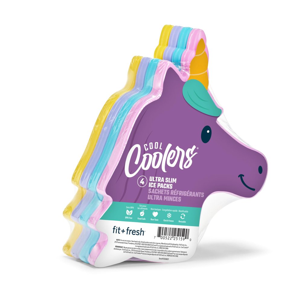 Cool Coolers by Fit & Fresh Kids Lunch Box Ice Packs, Slim Shaped Freezer Pack for Lunch Bags and Coolers 4 Pack Unicorn