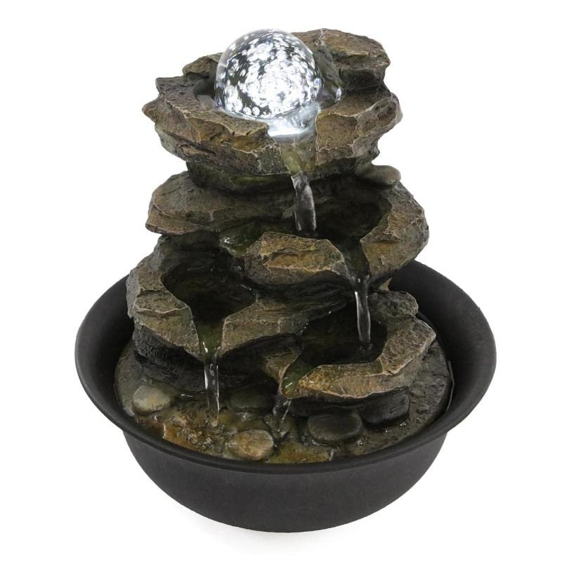 Indoor Tabletop Fountains Cascading Resin-Rock Falls Tabletop Water Fountain with LED Geomantic Ball for Office Study Room Indoor Home Desk Decor Decoration Meditation Fountain