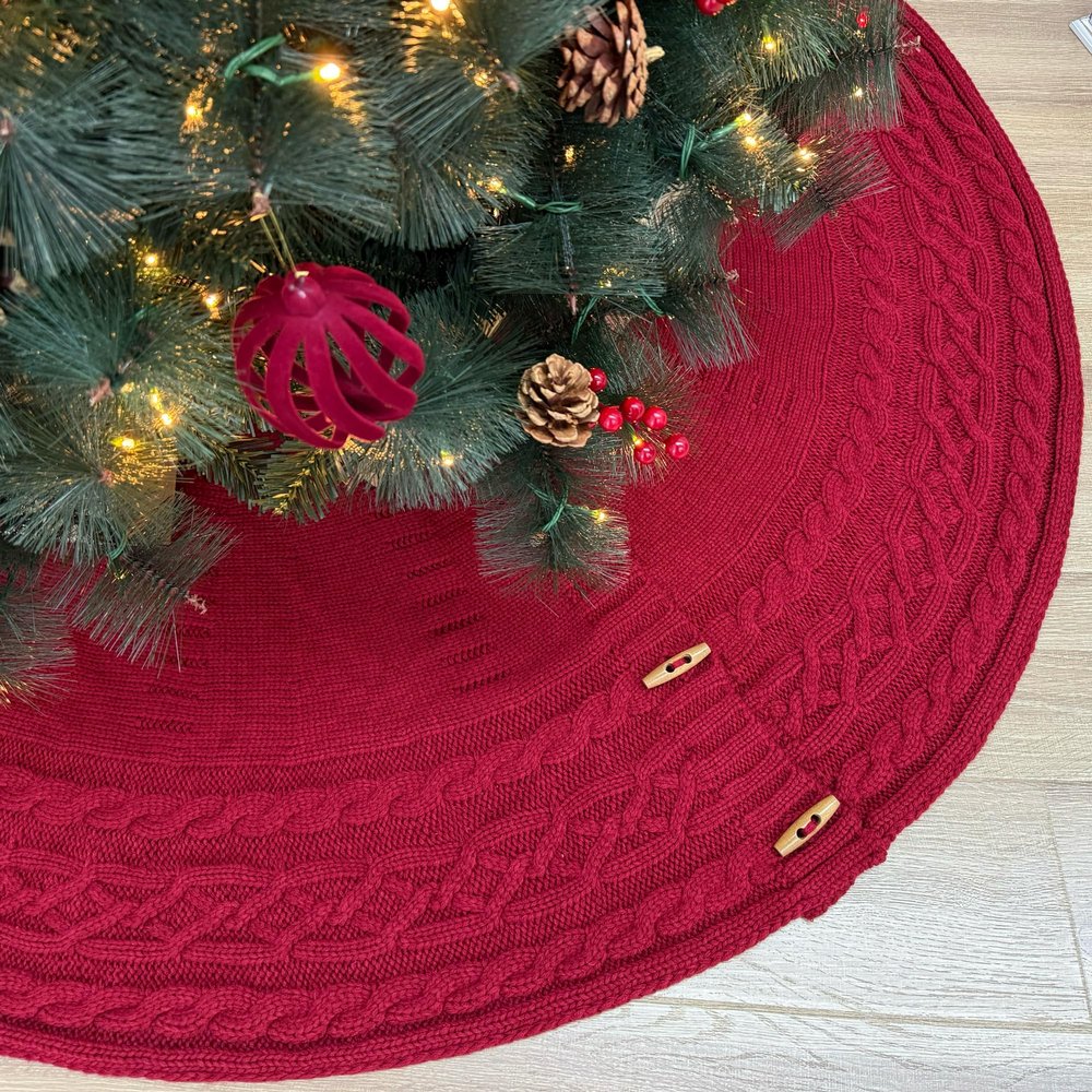 Starry Dynamo 60-Inch Cable Sweater Knit Christmas Tree Skirt with Wooden Toggles, Burgundy