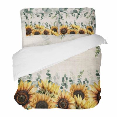 YESOF66 Zipper Duvet Cover Set Soft Comforter Cover Set for Girls Boys,Farmhouse Sunflowers Eucalyptus Leaves Linen Daisy Bedding Sets Twill Plush Bed Sheet Set,King Size
