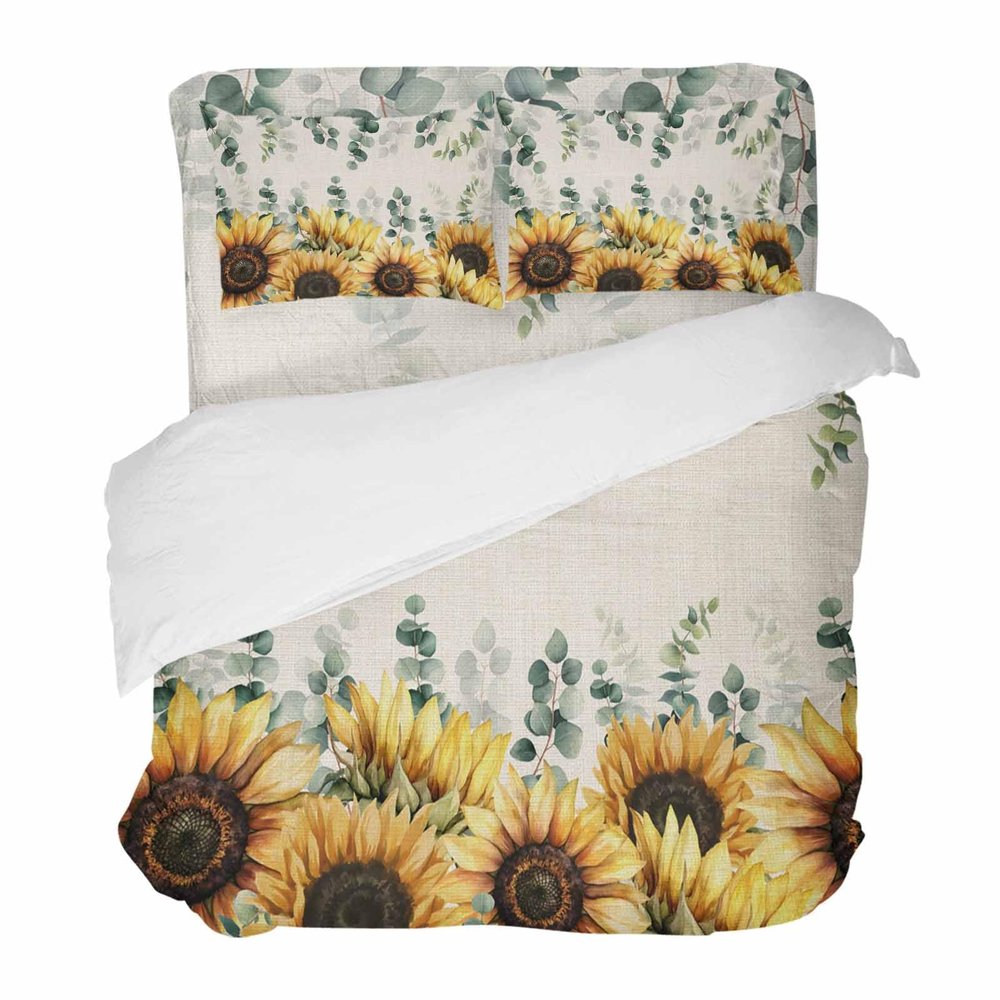 YESOF66 Zipper Duvet Cover Set Soft Comforter Cover Set for Girls Boys,Farmhouse Sunflowers Eucalyptus Leaves Linen Daisy Bedding Sets Twill Plush Bed Sheet Set,King Size