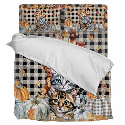 YESOF66 Zipper Duvet Cover Set Soft Comforter Cover Set for Girls Boys,Thanksgiving Cute Cat Pumpkin Leaves Black Buffalo Plaid Daisy Bedding Sets Twill Plush Bed Sheet Set,Twin Size