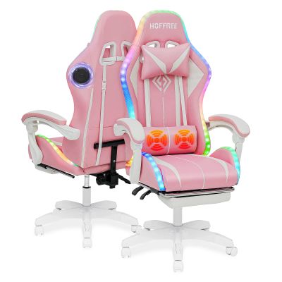 HOFFREE Pink Gaming Chair with Bluetooth Speakers and LED RGB Lights Cute Ergonomic Massage Computer Gaming Chair with Footrest High Back Video Game Chair with Lumbar Support Pink and White