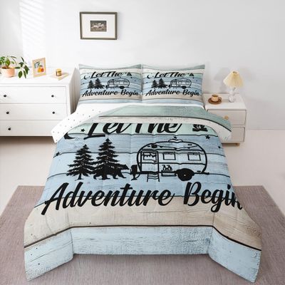 Camper Bedding Comforter Sets Happy Camping Bedding Sets King Colorful Stripe Duvet Insert Bear Woodland Adventure Theme Quilted Comforter Vintage Farmhouse Decor Duvet for Kids Boys Girls 3Pcs