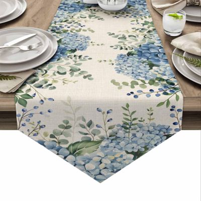Table Runner 36 inches Long Farmhouse Eucalyptus Blue Hydrangea Plants Linen Non-Slip Washable Burlap Table Linens for Family Dinner, Outdoor or Indoor Parties, Wedding, Gathering Table Decorations