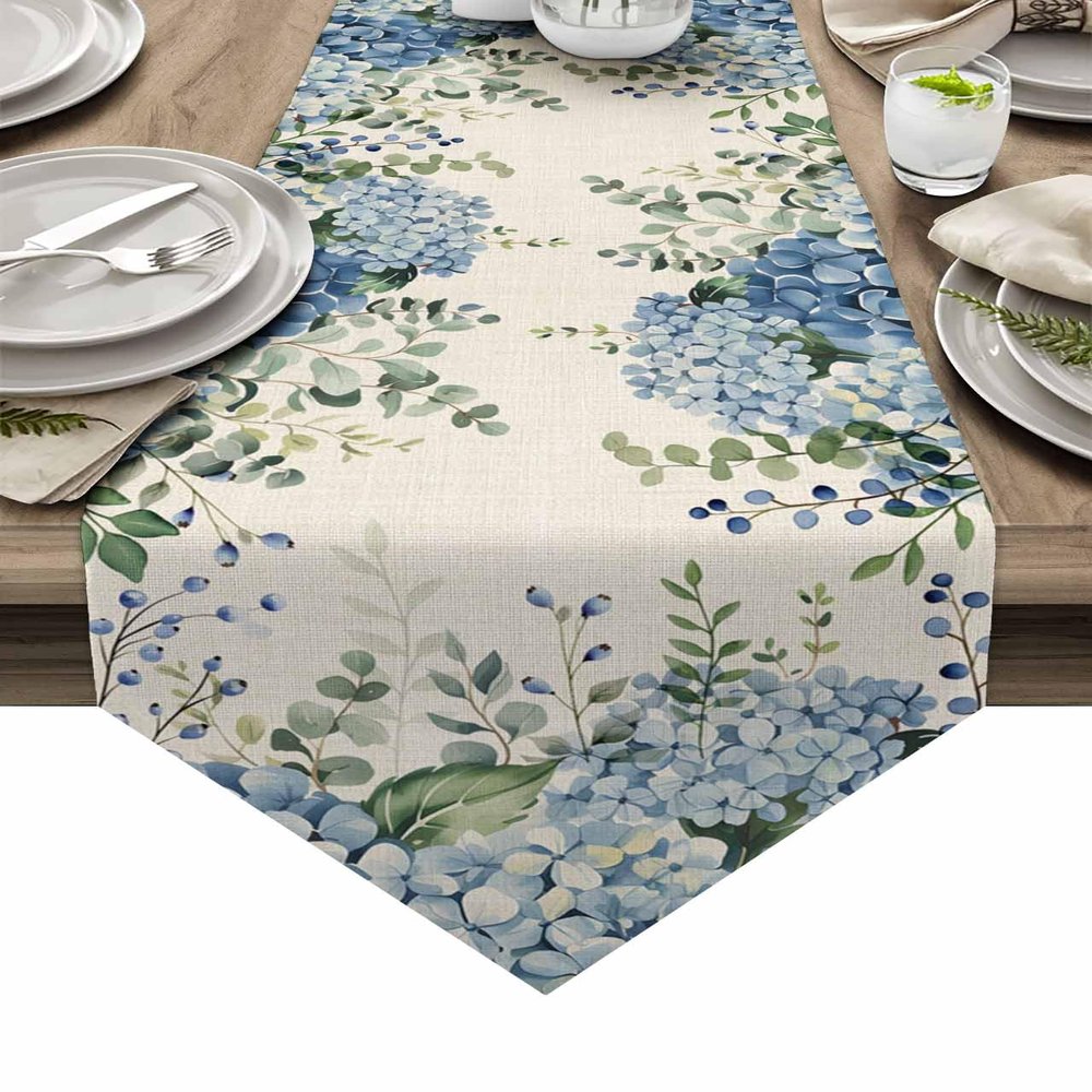 Table Runner 36 inches Long Farmhouse Eucalyptus Blue Hydrangea Plants Linen Non-Slip Washable Burlap Table Linens for Family Dinner, Outdoor or Indoor Parties, Wedding, Gathering Table Decorations