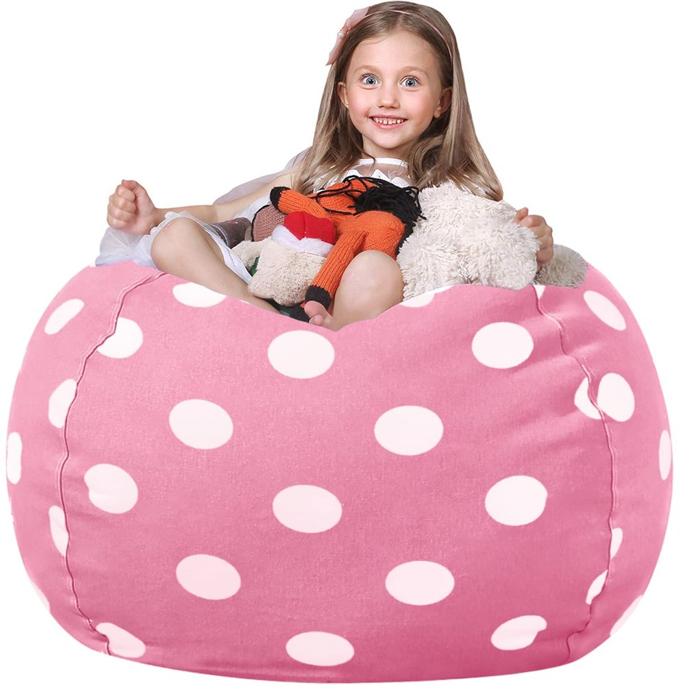 WEKAPO Stuffed Animal Storage Bean Bag Chair Cover for Kids | Stuffable Zipper Beanbag for Organizing Children Plush Toys Large Premium Cotton Canvas (Pink Dot, XX-Large)