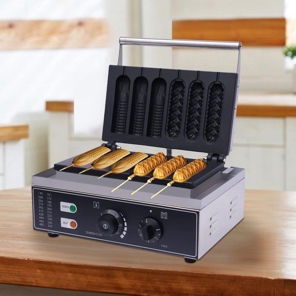 Commercial Corn Dog Waffle Maker Machine, 1500W 6 Hotdog Waffles on a Stick, 50-300 Temp Control, 5-min Timer French Muffin Cooker(110V)