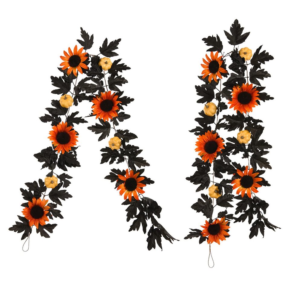 2PCS Artificial Black Maple Leaf Garlands, 6FT Halloween Garland with Maple Leaf Pumpkin and Sunflowers, Hanging Black Leaf Vines for Halloween Thanksgiving Wedding Home Decor