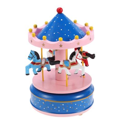 Carousel Music Box, Wooden Carousel Music Box 3- Horse Figurine Rotating Music Box Merry- Go- Round Wooden Musical Box for Christmas Birthday Valentines (Style 3, Pink Blue)