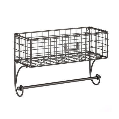 Metal Paper Towel Holder Wall Mount. Towel Bar with Basket Storage Organizer for Kitchen Bathroom, Gray, 14" W x 5.7" D