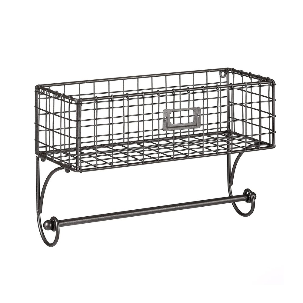 Metal Paper Towel Holder Wall Mount. Towel Bar with Basket Storage Organizer for Kitchen Bathroom, Gray, 14" W x 5.7" D