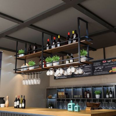 Pipi Zhu Hanging Wine Glass Holder - Ceiling Wine Rack, Wall Mounted Plant Rack/Glass Rack, Floating Shelves with Guardrails, LOFT/Home/Kitchen Display Stand, Inverted Decorative Rack